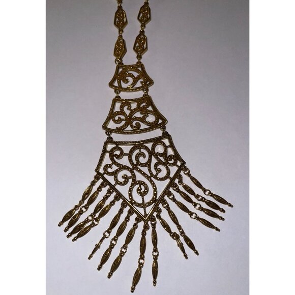 Vintage Monet Gold Filigree Paisley Tassel Statement Necklace 1970S Designer Art - Picture 12 of 16